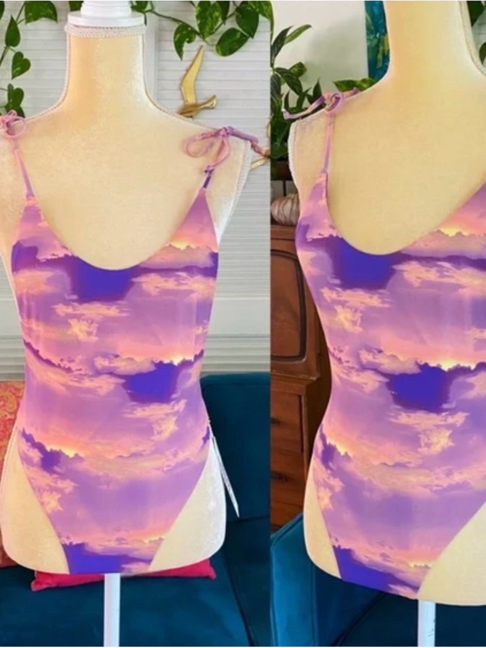 Urban Outfitters Purple Pink Sunset Cloud Tie-Shoulder One-Piece